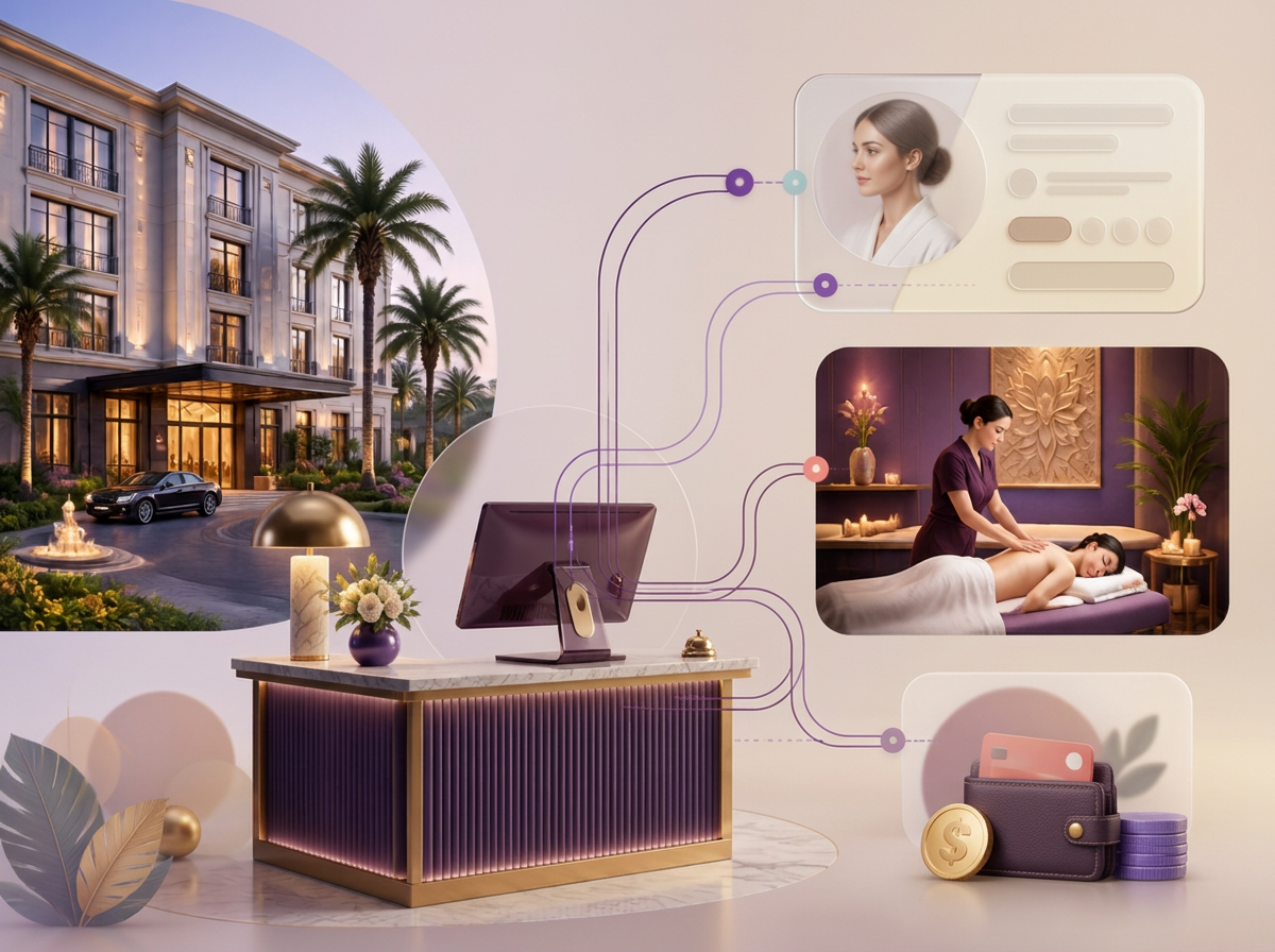 Hotel PMS connectivity illustration showing spa charges flowing to a guest folio