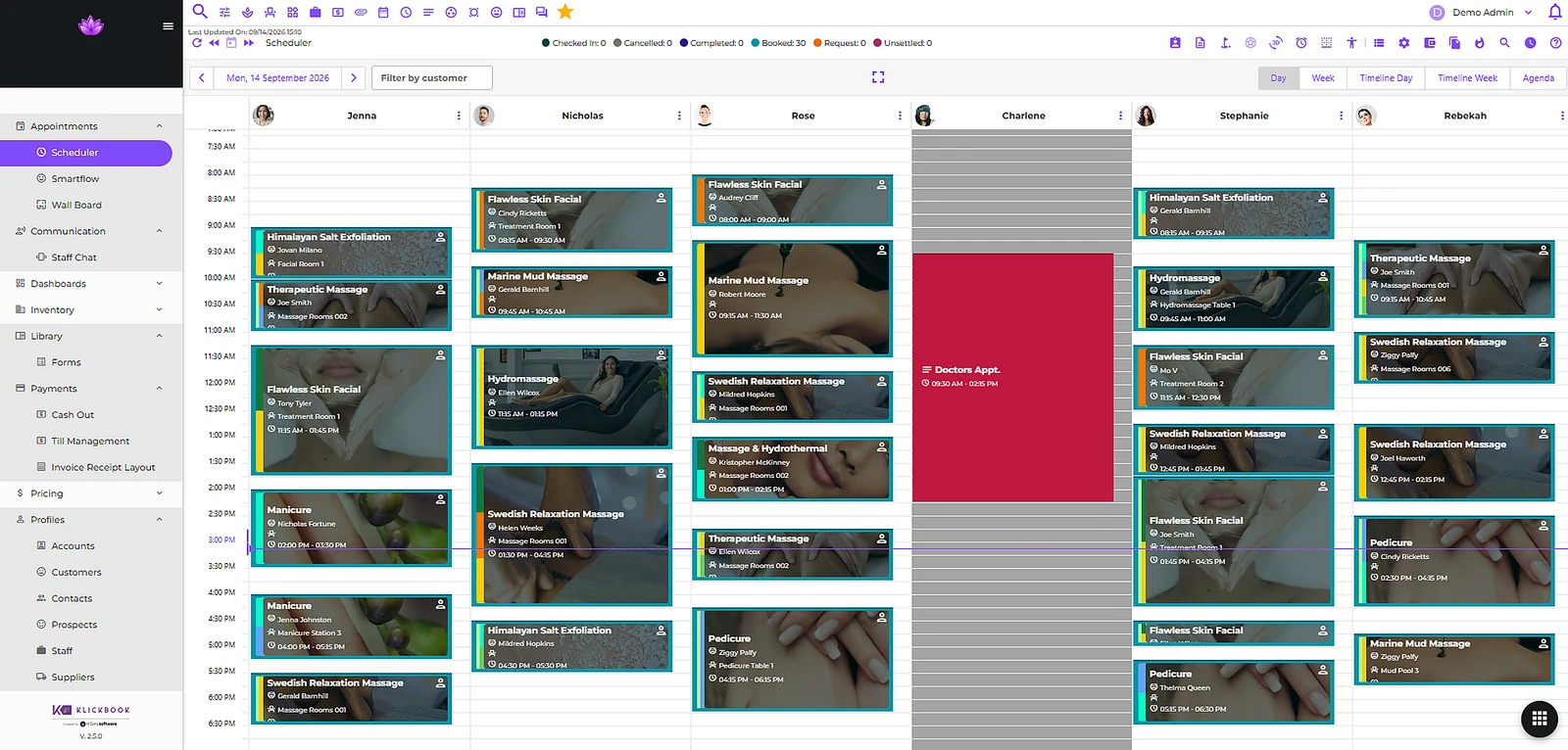 Klickbook daily spa scheduler showing appointments across seven staff calendars