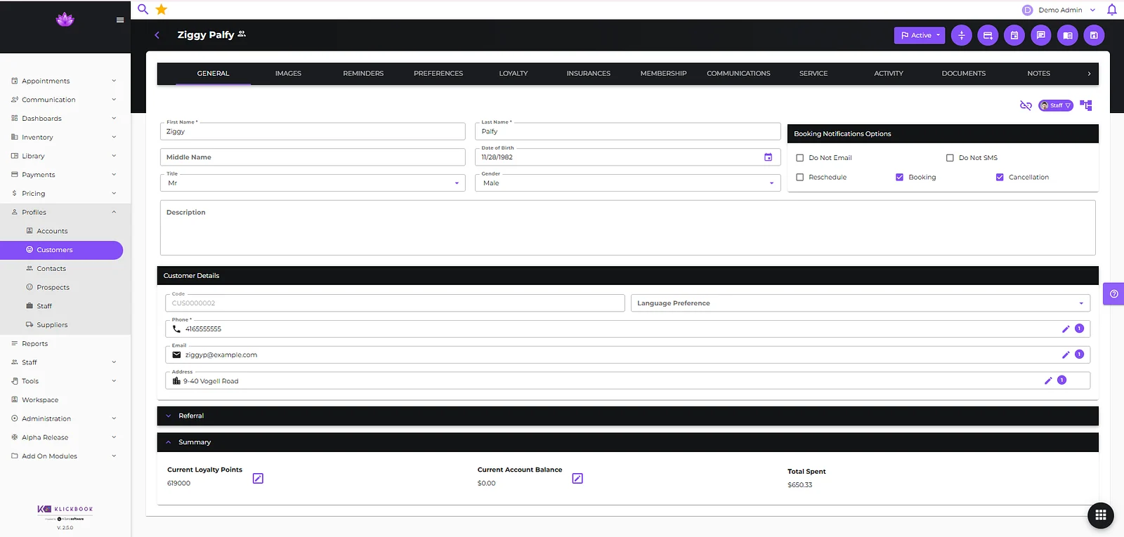 Klickbook customer profile showing guest details, preferences, loyalty points, and account summary