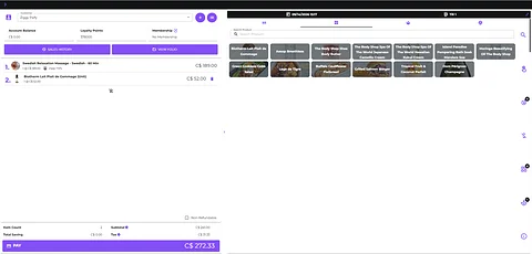 Klickbook point of sale showing a guest order, product tiles, totals, and payment action