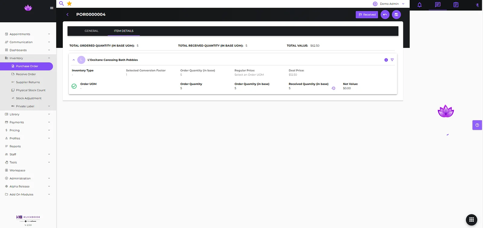 Klickbook purchase order showing received inventory quantities and values
