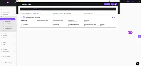 Klickbook purchase order showing received inventory quantities and values