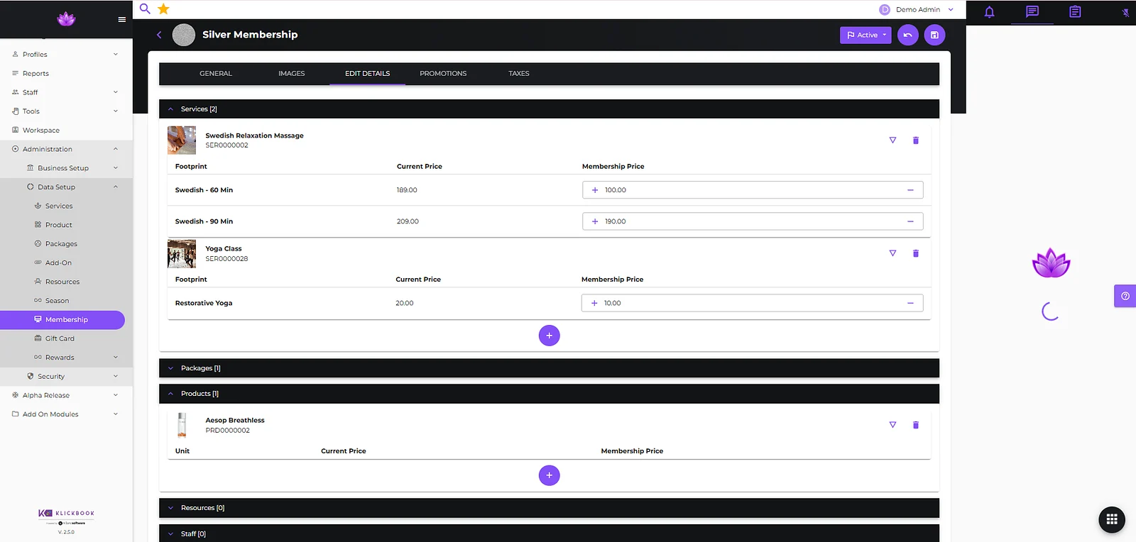 Klickbook Silver Membership editor showing included services, products, and member pricing