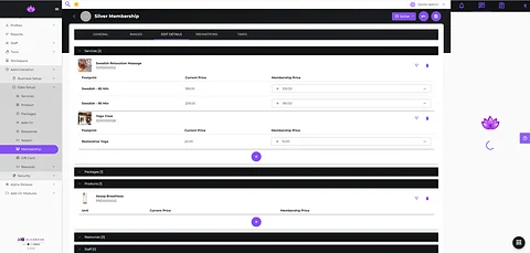 Klickbook Silver Membership editor showing included services, products, and member pricing