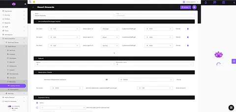 Klickbook Resort Rewards configuration showing points, referrals, redemption, and expiration rules