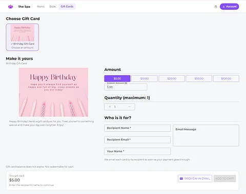 Klickbook birthday gift card storefront showing amount, recipient, quantity, and email preview options