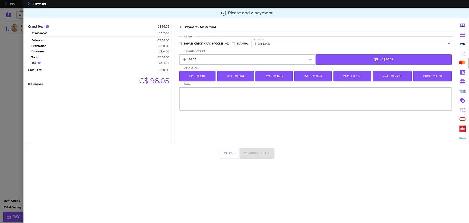 Klickbook payment screen showing order totals, Mastercard processing, and tip options
