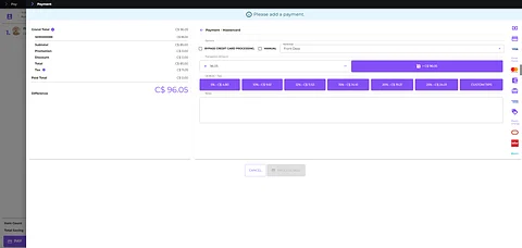 Klickbook payment screen showing order totals, Mastercard processing, and tip options
