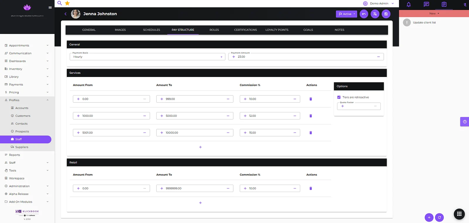 Klickbook staff pay structure showing hourly pay and tiered service and retail commissions