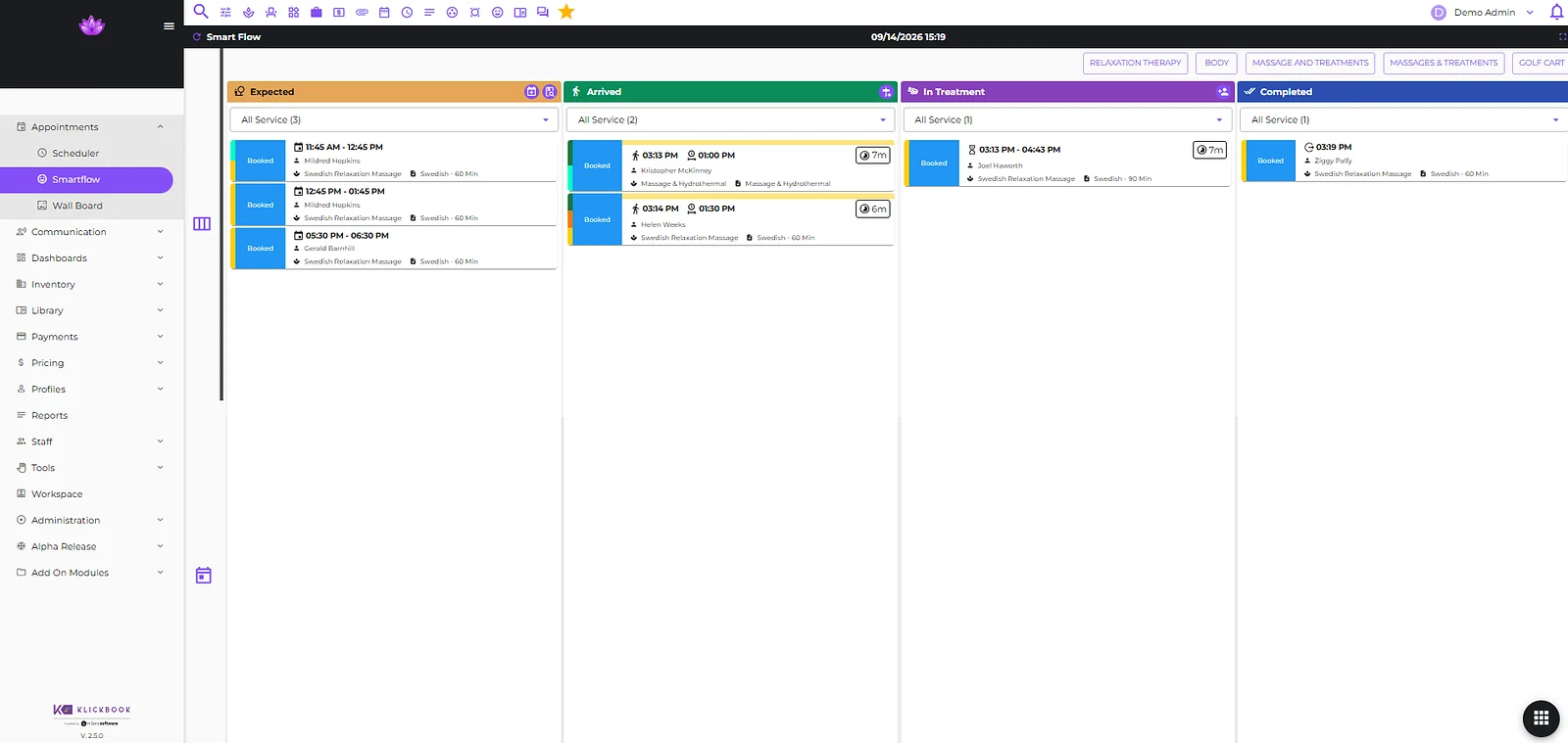 Klickbook Smart Flow board showing expected, arrived, in-treatment, and completed guests