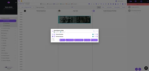 Klickbook activity scheduler showing a yoga class and participant management dialog
